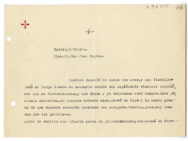 [Carta] 1950 junio 8, Madrid, España [a] Juan Mujica de la Fuente, Bilbao