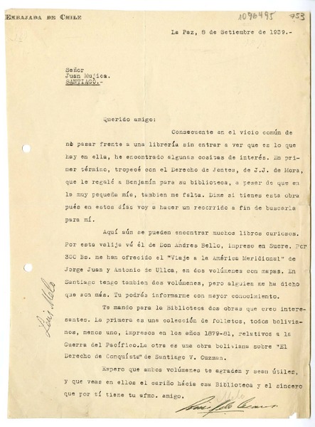 [Carta] 1939 septiembre 8, La Paz, Bolivia [a] Juan Mujica de la Fuente, Santiago, Chile