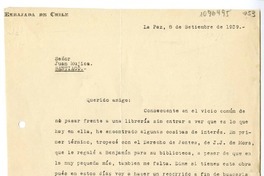 [Carta] 1939 septiembre 8, La Paz, Bolivia [a] Juan Mujica de la Fuente, Santiago, Chile