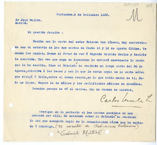 [Carta] 1933 septiembre 6, Santander, España [a] Juan Mujica de la Fuente, Madrid