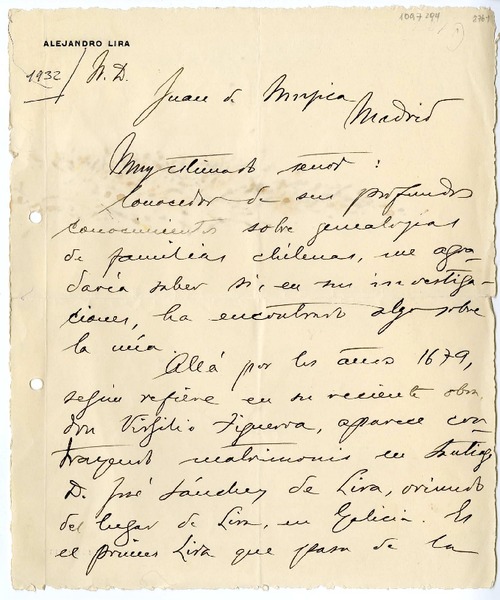 [Carta] 1932 mayo 17, Santiago, Chile [a] Juan Mujica de la Fuente, Madrid, España