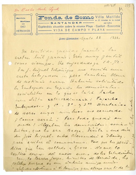 [Carta] 1932 agosto 22, Santander, España [a] Juan Mujica de la Fuente