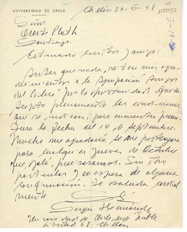 [Carta] 1978 agosto 31, Chillán, Chile [a] Oreste Plath  [manuscrito] Sergio Hernández.