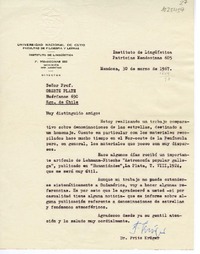 [Carta] 1967 marzo 30, Mendoza, Argentina [a] Oreste Plath, Santiago, Chile  [manuscrito] Fritz Krüger.
