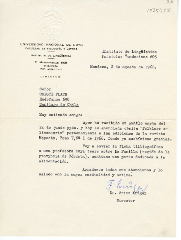 [Carta] 1966 agosto 2, Mendoza, Argentina [a] Oreste Plath, Santiago, Chile  [manuscrito] Fritz Krüger.
