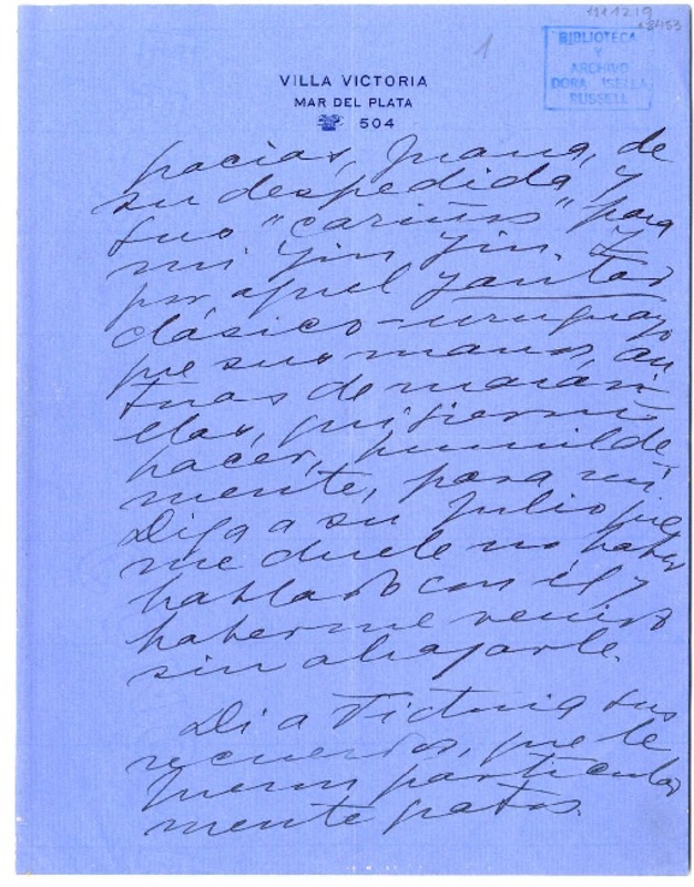 [Carta] [1939] Mar del Plata, Argentina [a] Juana de Ibarbourou  [manuscrito] Gabriela Mistral .