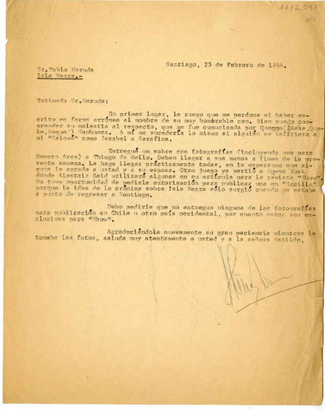 [Carta] 1964 febrero 25, Isla Negra, Chile [a] Pablo Neruda  [manuscrito] Hans Ehrmann.