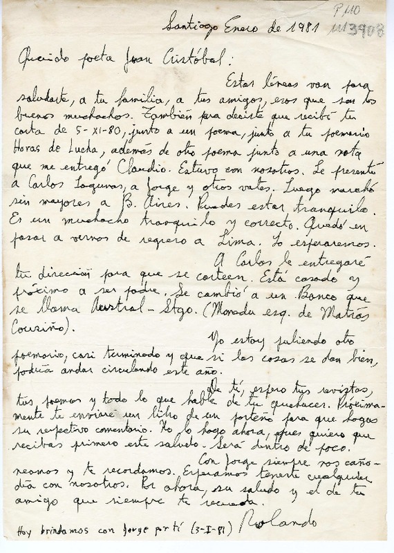 [Carta] 1981 enero, Santiago, Chile [al] Querido poeta Juan Cristobal  [manuscrito] Rolando Cárdenas.