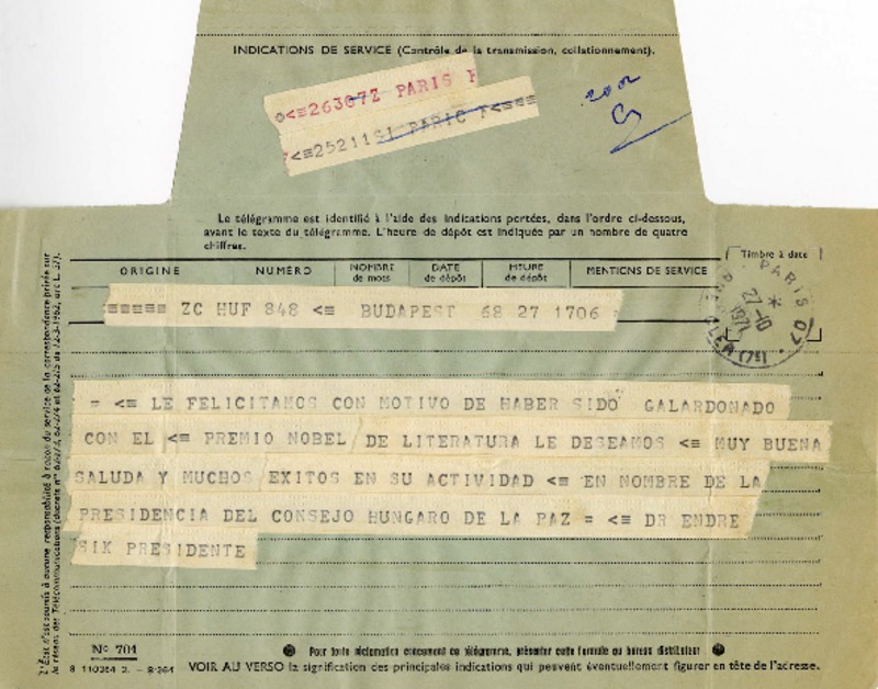 [Telegrama] 1971 octubre 21, Budapest, Hungria [a] Pablo Neruda  [manuscrito] Endre Sik.