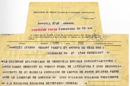 [Telegrama] 1971 octubre 26, Caracas, Venezuela [a] Pablo Neruda  [manuscrito] Luis Villalba.