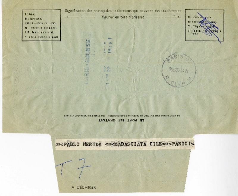 [Telegrama] 1971 octubre 22, Torino, Italia [a] Pablo Neruda  [manuscrito] Giulio Einaudi.