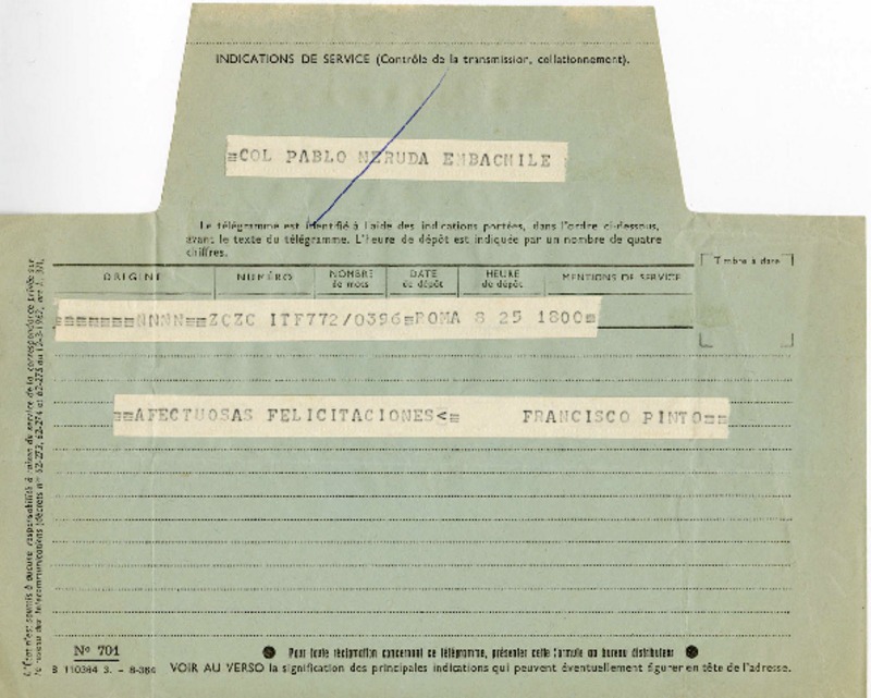 [Telegrama] 1971 octubre 23, Roma, Italia [a] Pablo Neruda  [manuscrito] Francisco Pinto.