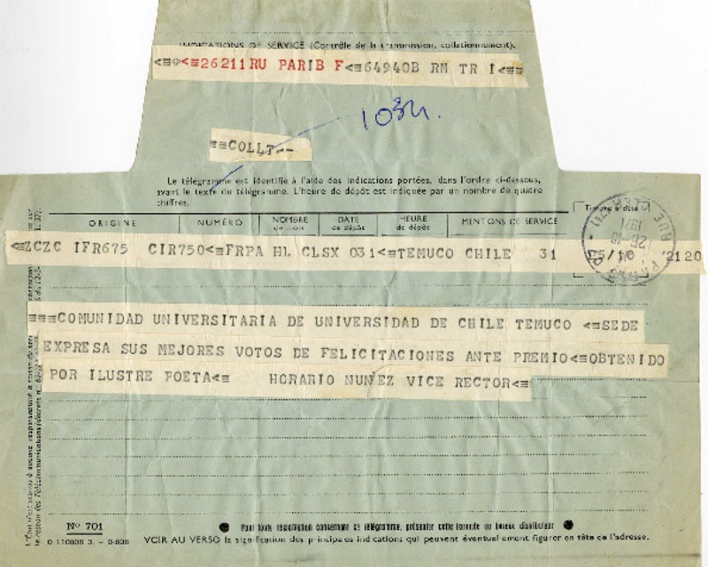 [Telegrama] 1971 octubre 26, Temuco, Chile [a] Pablo Neruda  [manuscrito] Horacio Nuñez.