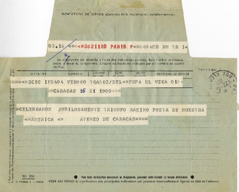 [Telegrama] 1971 octubre 22, Caracas, Venezuela [a] Pablo Neruda  [manuscrito] Ateneo de Caracas.