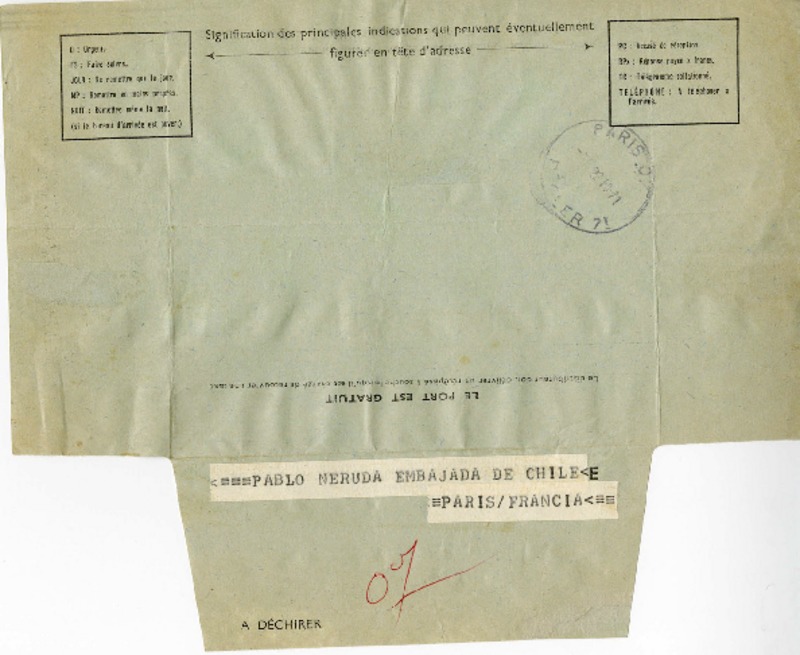 [Telegrama] 1971 octubre 22, Castro, Chile [a] Pablo Neruda  [manuscrito] Profesorado Escuela de Mujeres de Castro.