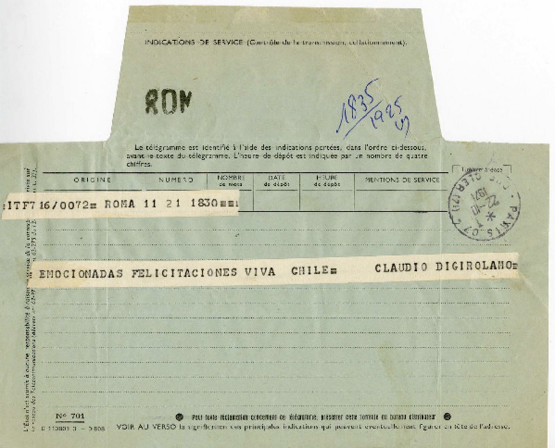[Telegrama] 1971 octubre 22, Roma, Italia [a] Pablo Neruda  [manuscrito] Claudio di Girolamo.
