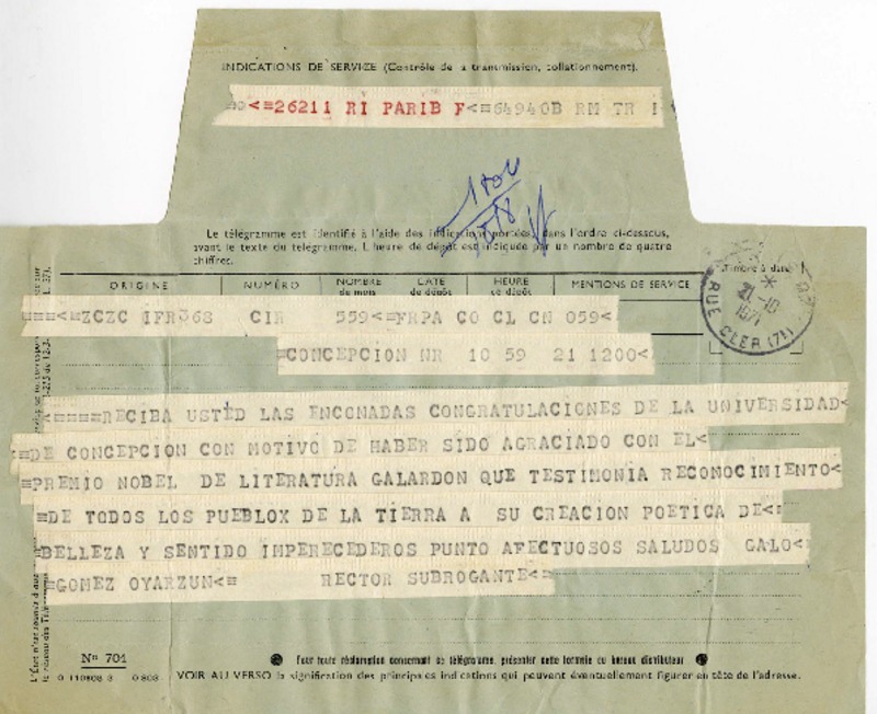 [Telegrama] 1971 octubre 21, Concepción, Chile [a] Pablo Neruda  [manuscrito] Galo Gómez Oyarzún.