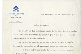 [Carta] 1948 febrero 25, Ciudad del Vaticano [a] Roque Esteban Scarpa  [manuscrito] Juan Bautista Montini (Papa Pablo VI).