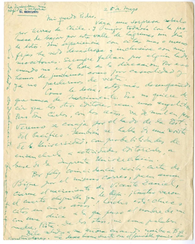 [Carta] [1950] mayo 28, Santiago, Chile [a] Pedro Olmos  [manuscrito] Ernesto Montenegro.
