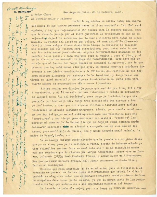 [Carta] 1953 octubre 25, Santiago, Chile [a] Pedro Olmos  [manuscrito] Ernesto Montenegro.