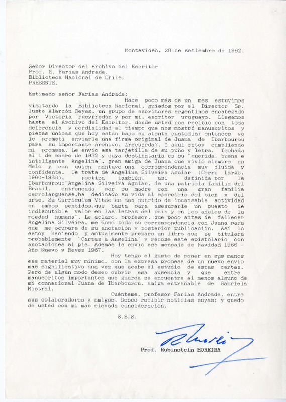 [Carta] 1992 septiembre 28, Montevideo, Uruguay [a] Mario Farias Andrade  [manuscrito] Rubinstein Moreira.