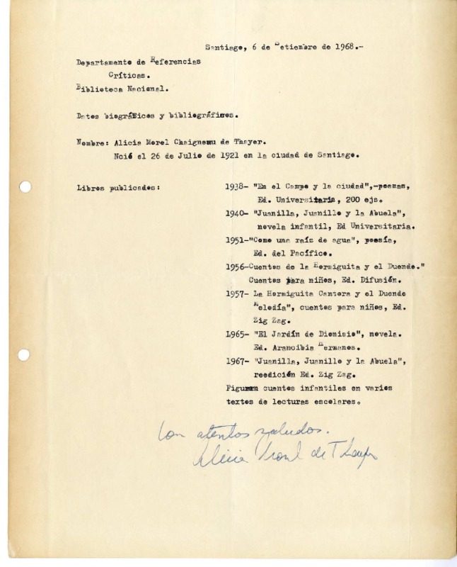 [Carta] 1968 septiembre 6, Santiago, Chile [a] Biblioteca Nacional de Chile  [manuscrito] Alicia Morel.