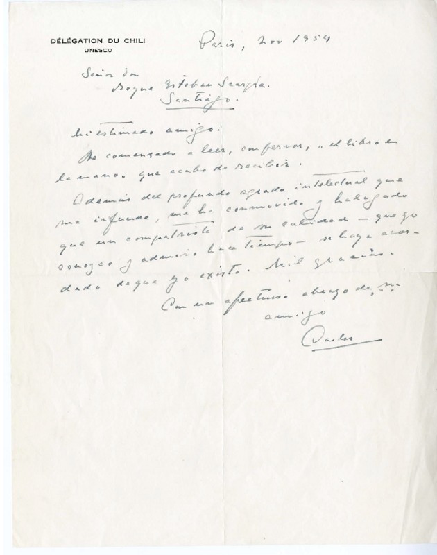[Carta] 1954 noviembre, Paris, Francia [a] Roque Esteban Scarpa  [manuscrito] Carlos Morla Lynch.