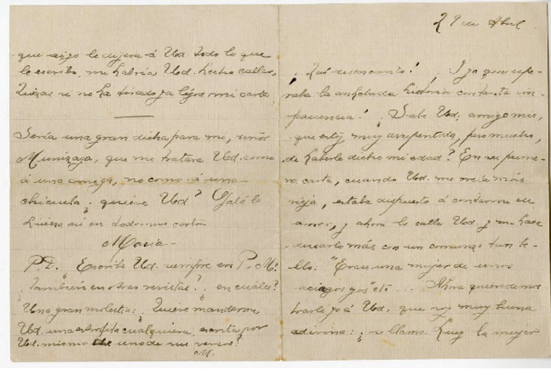 [Carta] [1914] abril 29, Santiago, Chile [a] Julio Munizaga  [manuscrito] María Monvel.