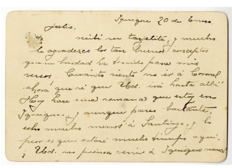 [Carta] [1914] enero 20, Iquique, Chile [a] Julio Munizaga  [manuscrito] María Monvel.