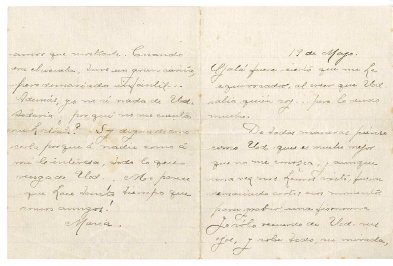 [Carta] [1914] mayo 19, Santiago, Chile [a] Julio Munizaga  [manuscrito] María Monvel.