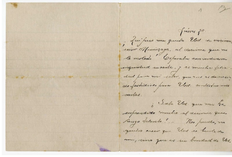 [Carta] [1915] lunes 20, Santiago, Chile [a] Julio Munizaga  [manuscrito] María Monvel.