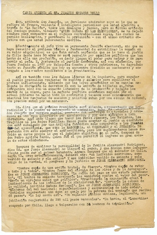 [Carta] 1958 marzo 25, Santiago, Chile [a] Joaquín Edwards Bello  [manuscrito] Juan Navarro Castillo.