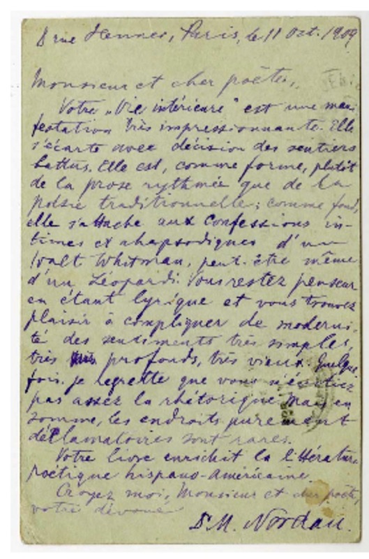 [Tarjeta] 1909 octubre 11, Paris, Francia [a] Ernesto A. Guzmán  [manuscrito] Max Nordau.