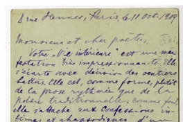 [Tarjeta] 1909 octubre 11, Paris, Francia [a] Ernesto A. Guzmán  [manuscrito] Max Nordau.