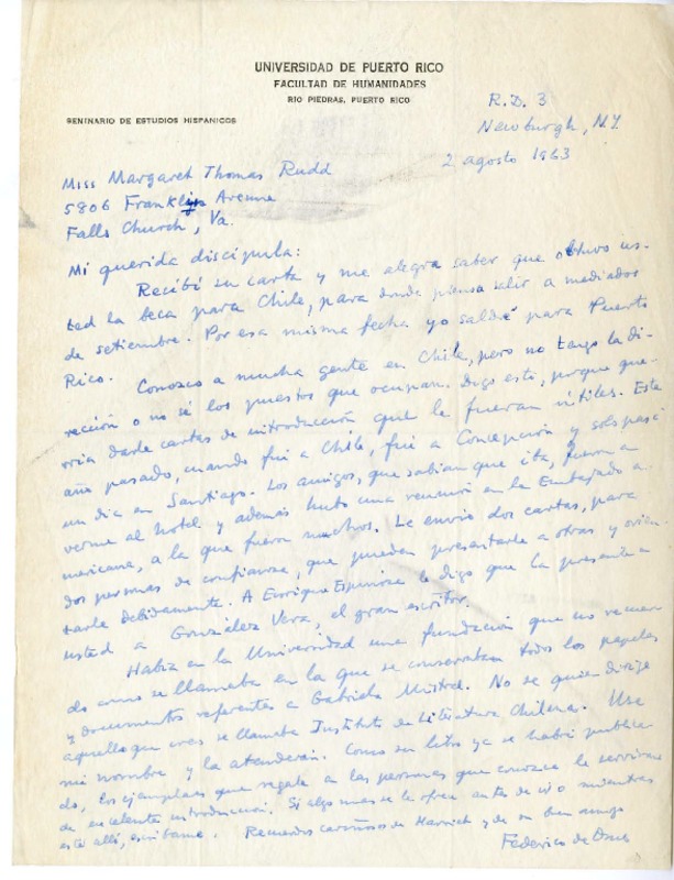 [Carta] 1963 agosto 2, Nueva York [a] Margaret Thomas Rudd  [manuscrito] Federico de Onis.