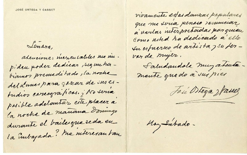 [Carta] [1950] Santiago, Chile [a] Camila Bari  [manuscrito] José Ortega y Gasset.
