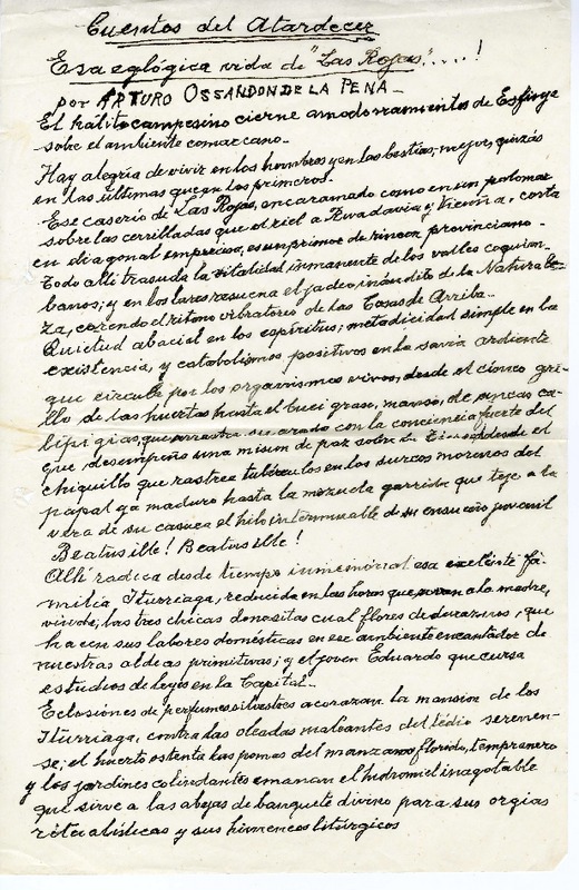 Cuentos del atardecer  [manuscrito] Arturo Ossandón de la Peña.