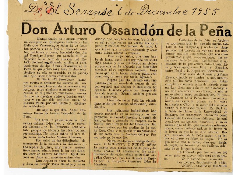 Don Arturo Ossandón de la Peña  [manuscrito] Domingo Beroes.