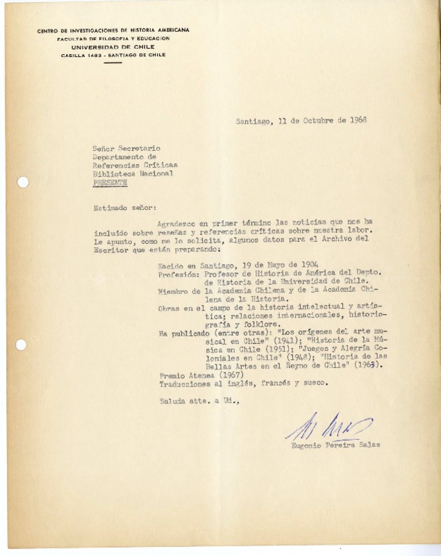 [Carta] 1968 octubre 11, Santiago, Chile [a] Biblioteca Nacional de Chile  [manuscrito] Eugenio Pereira Salas.