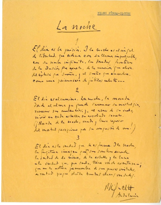 La noche  [manuscrito] Pedro Pérez-Clotet.