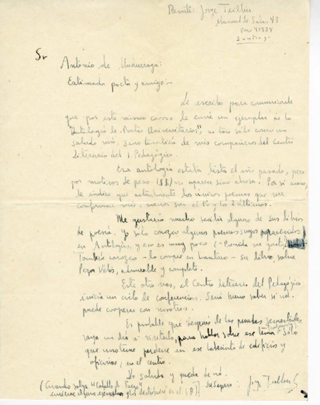 [Carta] [1956] Santiago, Chile [a] Antonio de Undurraga  [manuscrito] Jorge Teillier.
