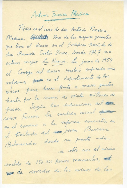 Antonio Ferreira Medina  [manuscrito] Joaquín Edwards Bello.