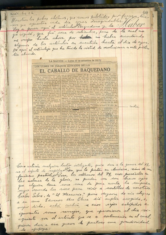 El caballo de Baquedano  [manuscrito] Joaquín Edwards Bello.