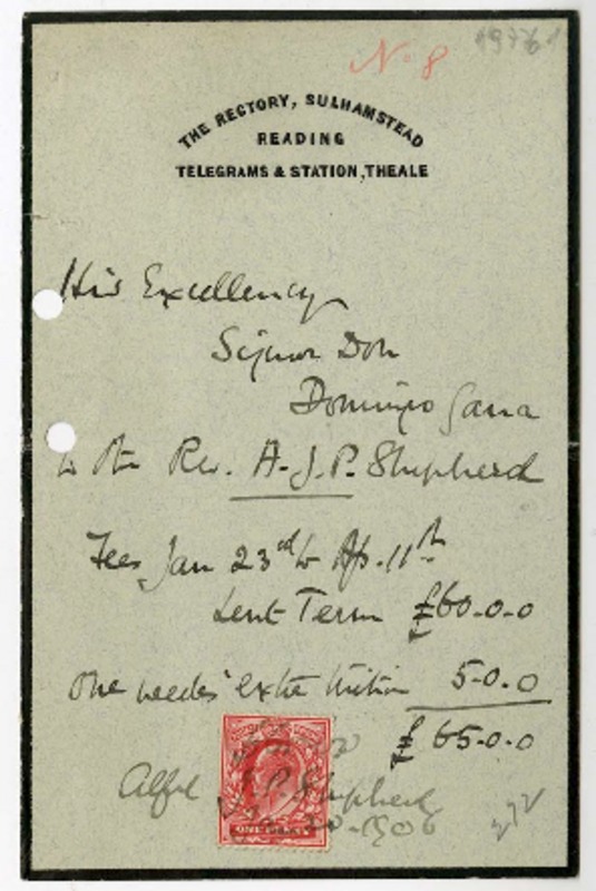 [Tarjeta] 1906 junio 20, Sulhamstead, Inglaterra [al] Sr. Domingo Gana  [manuscrito] Alfred Shepherd.