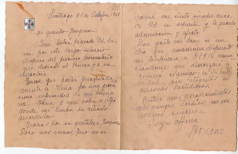 [Carta] 1951 octubre 31, Santiago, Chile [a] Joaquín Edwards Bello  [manuscrito] Elvira Santa Cruz Ossa (Roxane).