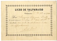 [Diploma] 1900 diciembre 17, Valparaíso, [Chile] [a] Joaquín Edwards Bello  [manuscrito] Liceo de Valparaíso.