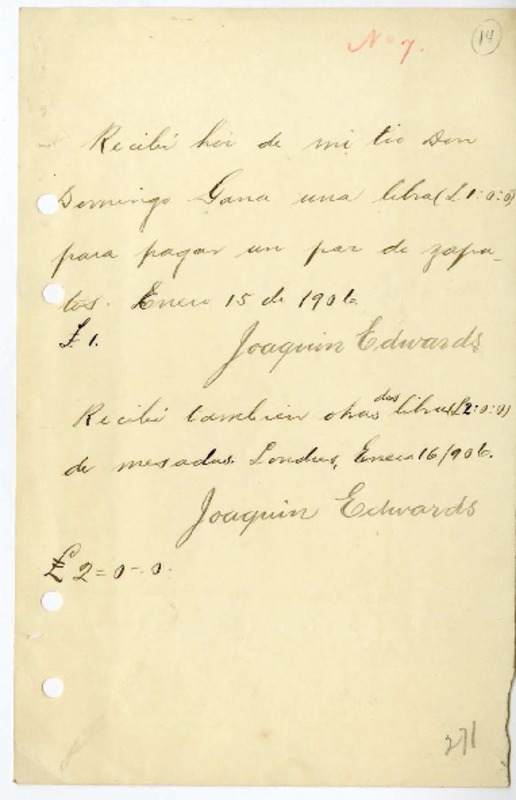 [Recibo] 1906 enero 15, Londres, Inglaterra, [Chile] [a] Domingo Gana  [manuscrito] Joaquín Edwards Bello