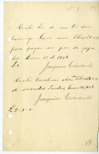 [Recibo] 1906 enero 15, Londres, Inglaterra, [Chile] [a] Domingo Gana  [manuscrito] Joaquín Edwards Bello