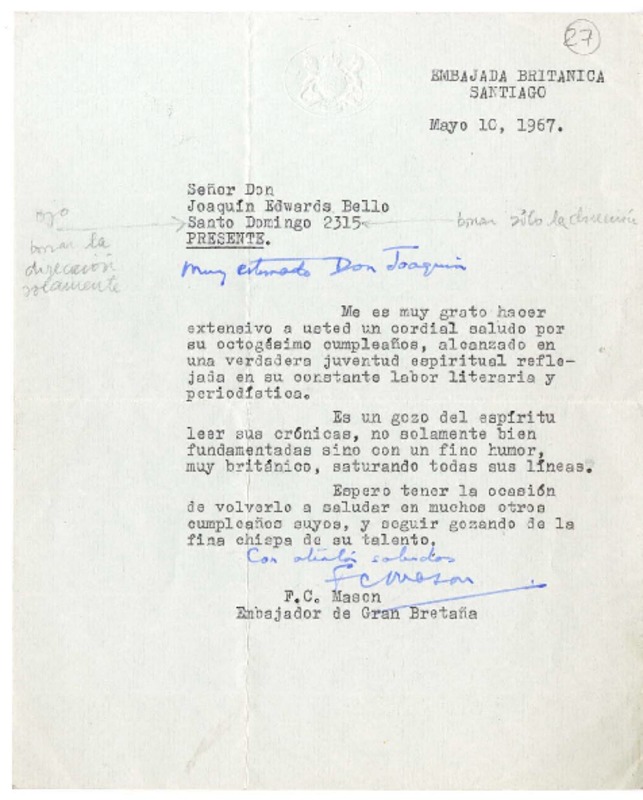 [Carta] 1967 mayo 10, Santiago, Chile [a] Joaquín Edwards Bello  [manuscrito] F. C. Mason.