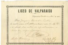 [Diploma] 1900 diciembre 19, Valparaíso, [Chile] [a] Joaquín Edwards Bello  [manuscrito] Liceo de Valparaíso.